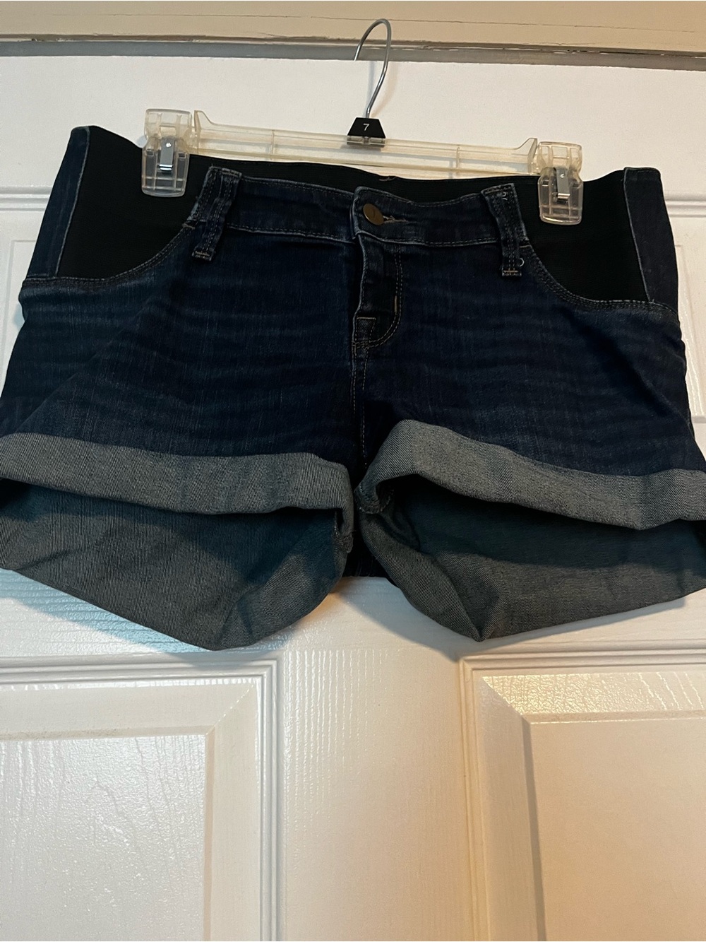 Dark Wash Denim Maternity Shorts with Black Side Panels